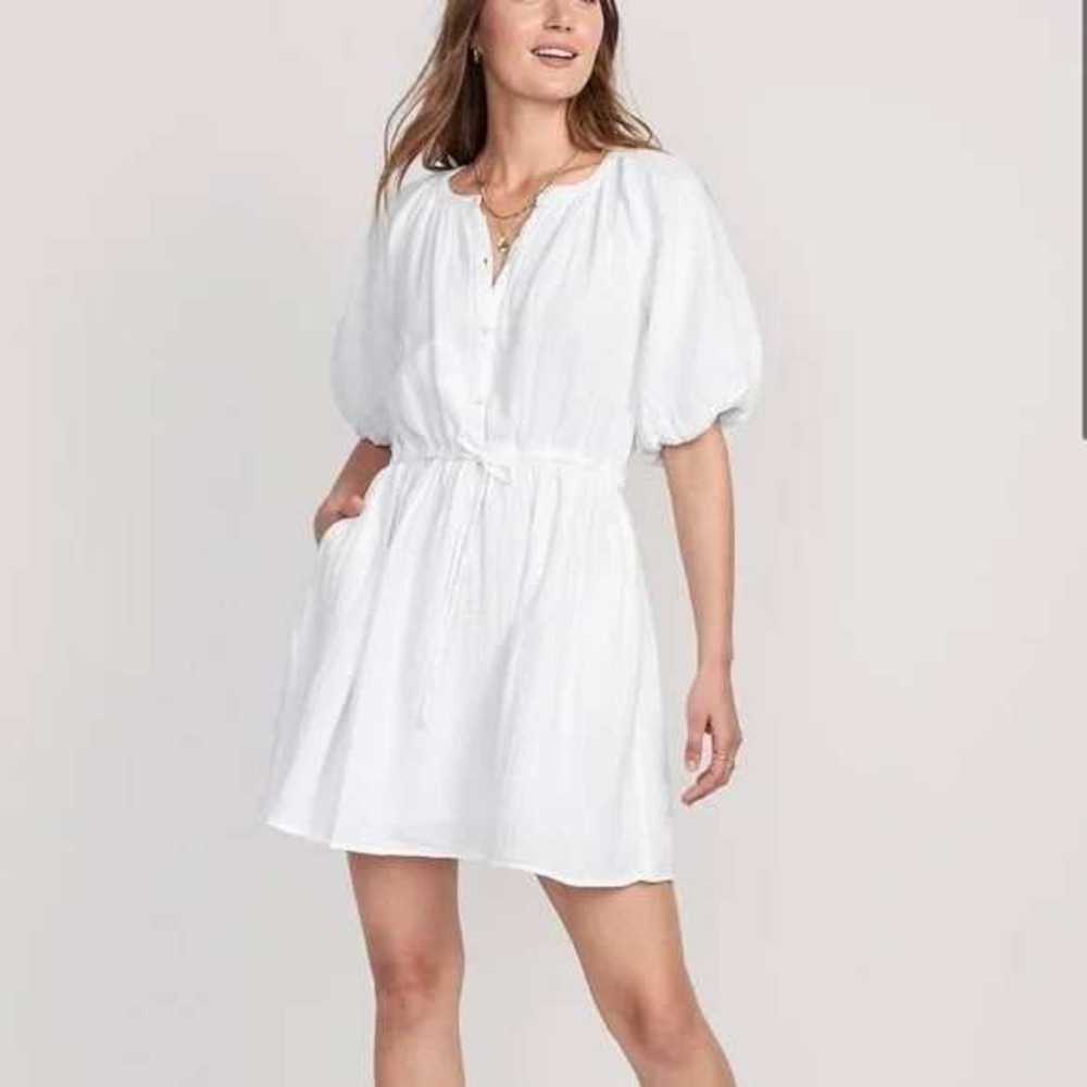 Old Navy Gauze Dress Womens 3X White Puff Sleeve Boho Button Front Mini